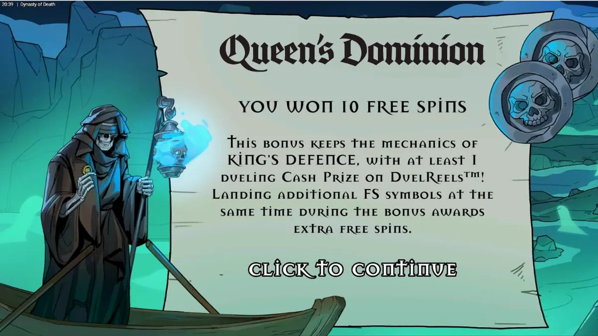 Dynasty of Death slot game interface na nagpapakita ng underworld theme at DuelReels mechanic.