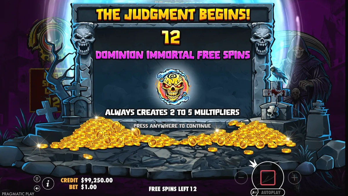 Ang madilim at gothic na grid ng Death Dominion slot na may temang Grim Reaper.